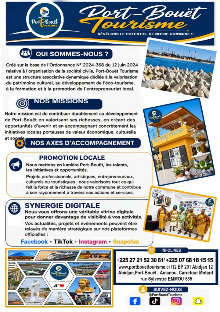 Flyer officiel de Port-Bouët Tourisme : patrimoine, plages et culture de Port-Bouët, Abidjan