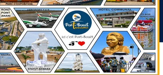 Collage des richesses de Port-Bouët : phare, Statue Akwaba, aéroport, port autonome, plage, hôtel communal…